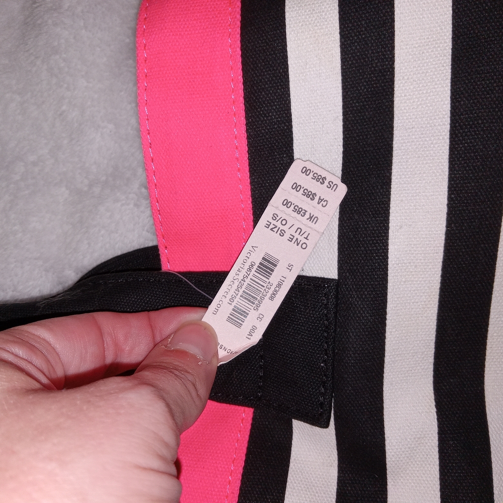 Victoria's Secret Black and Pink Striped Tote Bag NWT Vibrant-copy - Picture 6 of 7